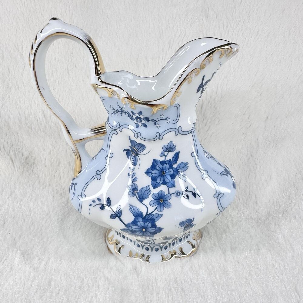 Vintage Porcelain Blue White Floral Pitcher Gold Trim Victorian Style Creamer